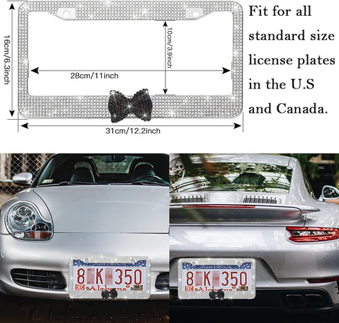 OTOSTAR 1 Pack Bling License Plate Frame with Ribbon Bow, Handcrafted Shiny Rhinestones Premium Stainless Steel 2 Holes License Plate Holder with ...