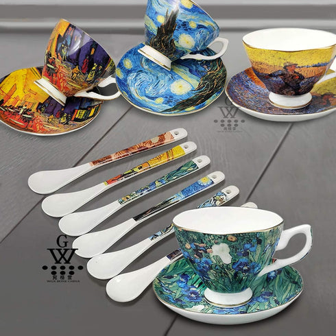 YBK Tech Bone China Cup and Saucer Set, 7oz Tea Cup - Design Inspired by Van Gogh's Paintings (Iris flower)...