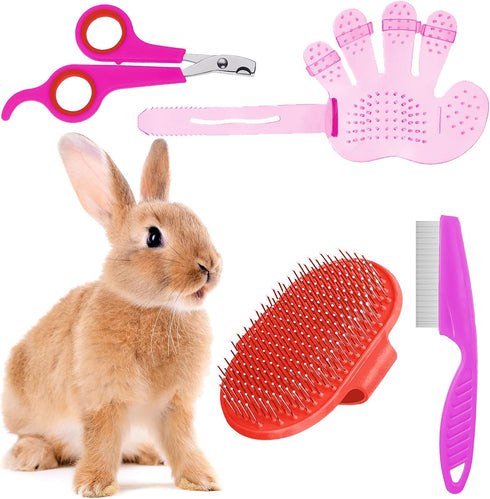 4 Pieces Bunny Grooming Kit with Rabbit Grooming Brush Pet Hair Remover Pet Nail Clipper Pet Comb Shampoo Bath Brush with Adjustable Ring Handle f...