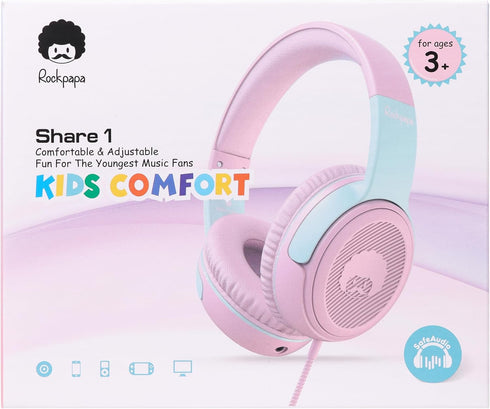 rockpapa Share 1 Kids Headphones Wired with Microphone & Share Port, 85dB/94dB Volume Limited, Cute Foldable Student Child Boys Girls Headphones f...
