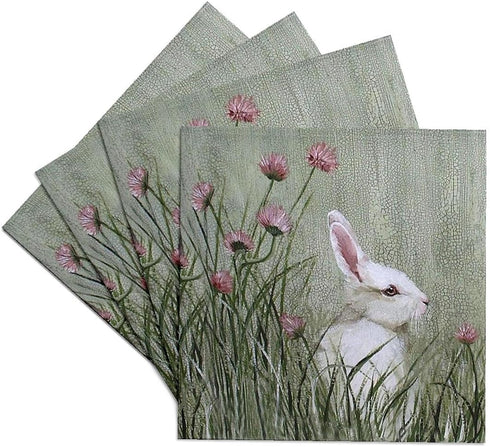 3dRose CST_44349_3 Side View of Bunny Rabbit in Tall Grass with Pink Wildflowers-Ceramic Tile Coasters, Set of 4...