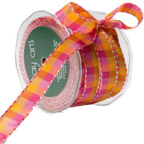 May Arts 1/2-Inch Wide Ribbon, Fuchsia and Orange Check...