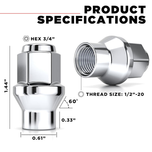 White Knight 1/2"-20 Thread Lug Nuts for Aftermarket or Factory Wheels - 4 Chrome Lug Nuts - ET Bulge Seating - Carbon Steel for Durable Construct...