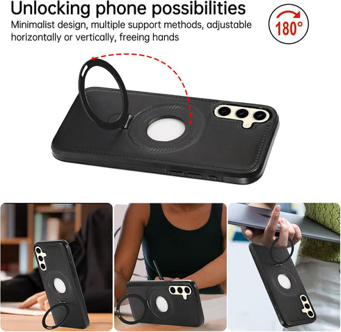 Phone Case for Samsung Galaxy S24 Plus S24+ 5G with Tempered Glass Screen Protector Magnetic Magsafe Rugged Stand Ring Holder Faux Leather Protect...