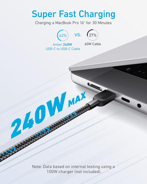 Anker 240W USB C to USB C Cable (2Pack,10ft), USB C Charger Cable Fast Charge for iPhone 15/15Pro/15Plus/15ProMax, MacBook Pro 2020, iPad Pro 2020...