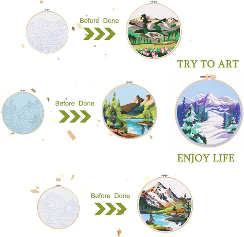 HILYPINK 4 Set Embroidery Kit for Beginners, Cross Stitch Kits for Adults with Floral Pine Scenery Mountain Pattern Hand Crafts Include Embroidery...