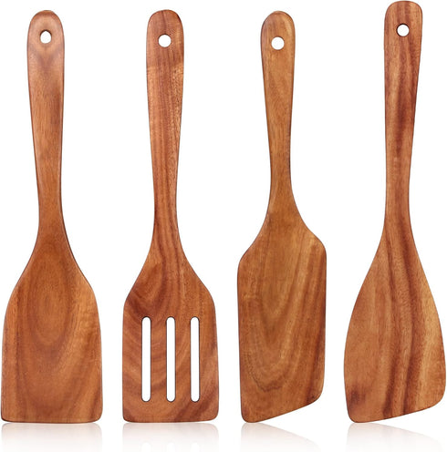 Best Wooden Spatula for Cooking Non Stick Kitchen Utensils Teak Wood Spatula Set of 4 Flat Slotted Turner Spatula for Baking Mixing Scraping Fish ...