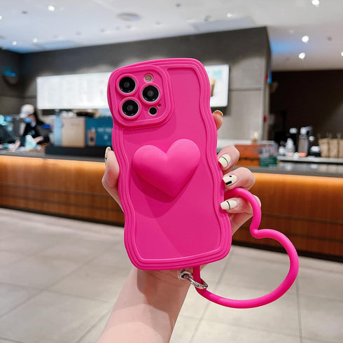 Hot Pink Heart Phone Case Compatible with iPhone 11, Cute 3D Big Love Heart Phone Case, Curly Wave Shape Heart Phone Cover with Heart Bracelet for...