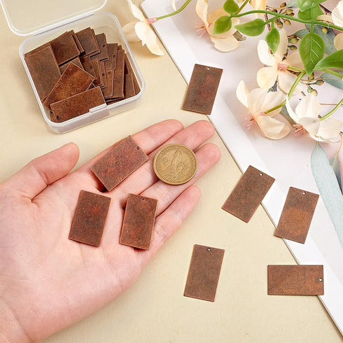 PH PandaHall 50 Pcs Brass Flat Rectangle Blank Stamping Tag Pendants Charms 32x18x0.5mm for Bracelet Necklace Jewelry DIY Craft Making Red Copper...