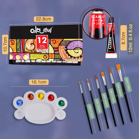 Colorful Acrylic Glass Paint Set with 6 Brushes, 1 Palette, 12 Colors Stain Glass Paints for Wine Glass, Waterproof Acrylic Enamel Paint Kit to Cr...