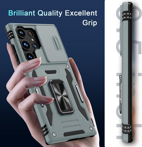 DEERLAMN for Samsung Galaxy S24 Ultra Case with Slide Camera Cover+Screen Protector (1 Pack), Rotated Ring Kickstand Military Grade Shockproof Pro...