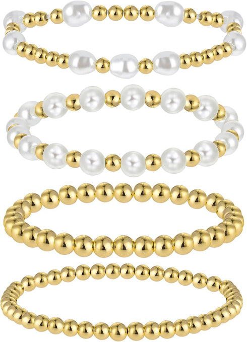 4 Pcs Pearl Gold Bracelet Stack Gold Plated Dainty Gold Pearl Bracelet Stackable Stretch Bead Ball Bracelet Set Bohemian Gold Beaded Bracelets Jew...