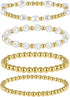4 Pcs Pearl Gold Bracelet Stack Gold Plated Dainty Gold Pearl Bracelet Stackable Stretch Bead Ball Bracelet Set Bohemian Gold Beaded Bracelets Jew...
