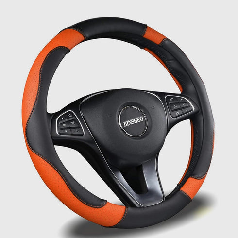 Leather Steering Wheel Cover, Breathable, Anti Slip & Odor Free, Black and Orange...