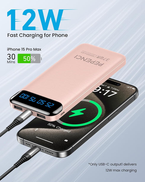 Portable Charger, 10,000 mAh Power Bank, USB C in&Out Fast Charging Battery Pack Compatible with iPhone 15/15 Plus/15 Pro/15 Pro Max, iPhone 14/13...