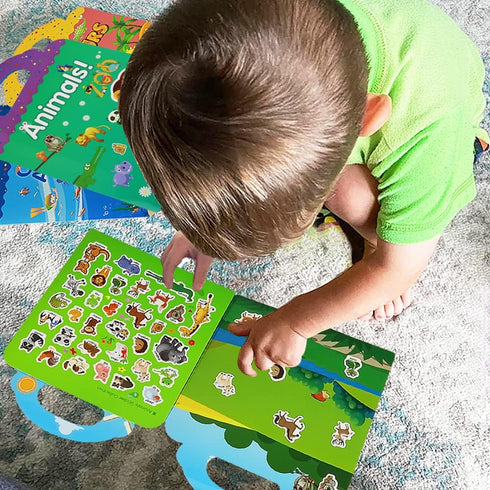 Reusable Sticker Books for Kids, 4 Sets Removable Toddler Sticker Book for Girls Boys Educational Learning Toys - Vehicle, Farm, Dinosaur & Zoo An...