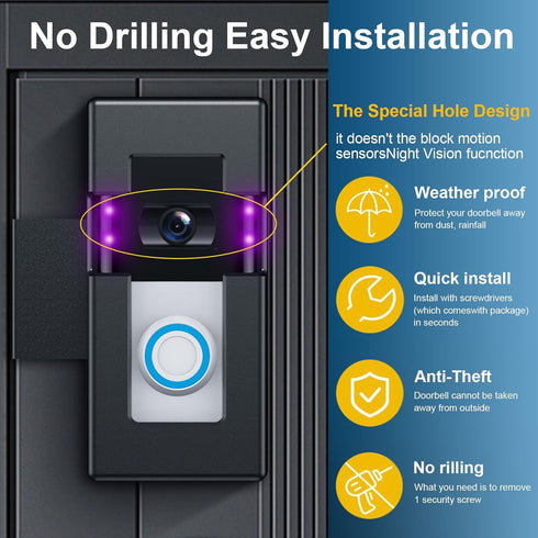 Anti-Theft Video Doorbell Mount ?Adjustable No-Drill Mounting Bracket for Video Doorbell 1/2/3/3 Plus/4/2023 Release?Not Block Doorbell Motion Sen...