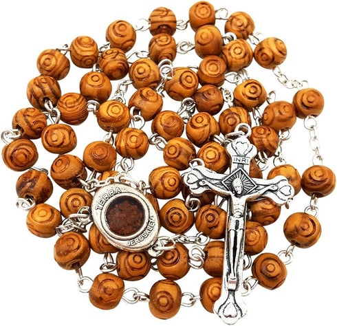 TALISMAN4U CATHOLIC ROSARY NECKLACE Olive Wood Carved Beads With Jerusalem Soil & Cross Crucifix in Gift Box...