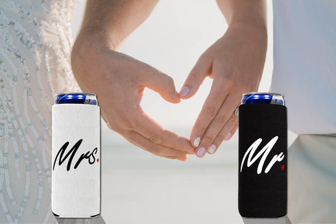 QualityPerfection Mr & Mrs Slim Can Cooler Sleeves (2 Pack) Insulated, Beer/Energy Drink Neoprene 4mm Thickness Thermocoolers for 12 oz Tall Skinn...
