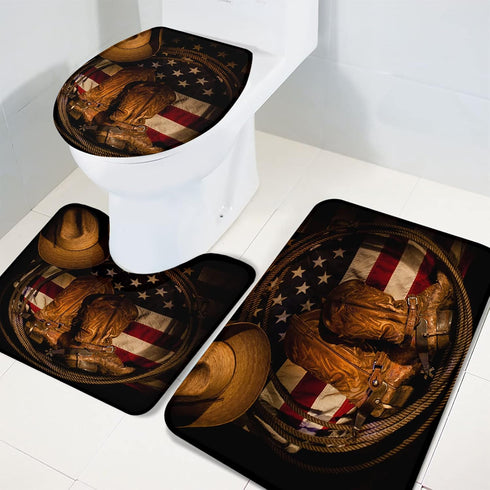 T&H Home Bath Rug Sets 3 Piece for Bathroom - USA Western Mat, Cowboy Hat with Boots Rope on American Flag Ultra Soft Non Slip and Absorbent Showe...