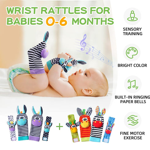 Baby Wrist Rattles Foot Finder Socks Set, Wrist rattle Arm Hand and Rattle Leg Ankle Socks, Newborn Soft Sensory Toys, Baby Socks Infant Wrist Rat...