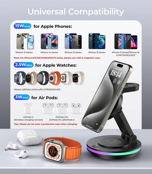 Facbiny 3 in 1 Wireless Charging Station for Multiple Devices, Rotatable & Foldable Magsafe Charger Stand with Night Light & 20W Adapter for iPhon...
