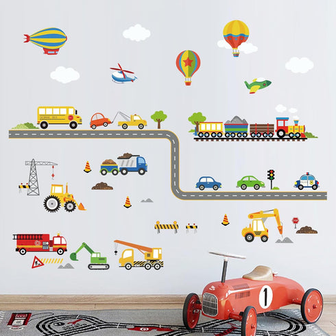 decalmile Construction Transportation Wall Decals Car Truck Plane Boys Wall Stickers Kids Bedroom Baby Nursery Playroom Wall Decor...
