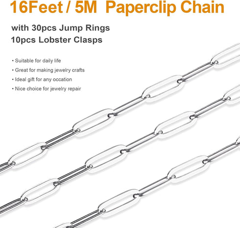 Kyutong 5 Meters Stainless Steel Jewelry Making Chain Roll Silver Necklace Chains Spool Paperclip Link Bulk Chains for DIY Craft Bracelet Ankle Fi...