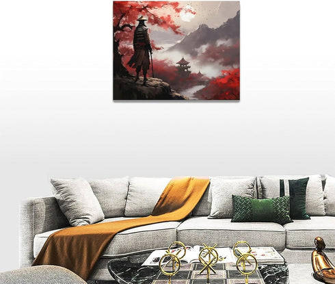 Japanese Bushido Wall Art Red Samurai Pictures Wall Decor Ancient Japan Warrior Canvas Asian Landscape Painting Home Decoration Artwork for Bathro...