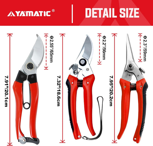 YAMATIC Garden Pruning Shears 3 Pack, 2 Bypass Pruners 1 Pruning Snip, Straight Garden Scissors with Sharp Blade, Heavy Duty Garden Clippers Hand ...