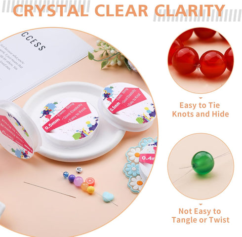 0.5mm/4 Rolls Elastic String for Bracelets, 60M Clear Bracelet String, Beading Thread with Bead Needles, Stretchy Bracelet Strings for Bracelet Ma...