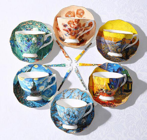 YBK Tech Bone China Cup and Saucer Set, 7oz Tea Cup - Design Inspired by Van Gogh's Paintings (Iris flower)...
