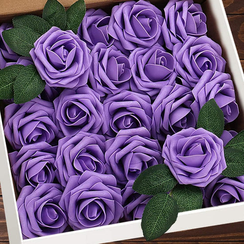 Artificial Flowers 25pcs Real Looking Purple Foam Fake Roses with Stems for DIY Wedding Bouquets White Bridal Shower Centerpieces Arrangements Mot...
