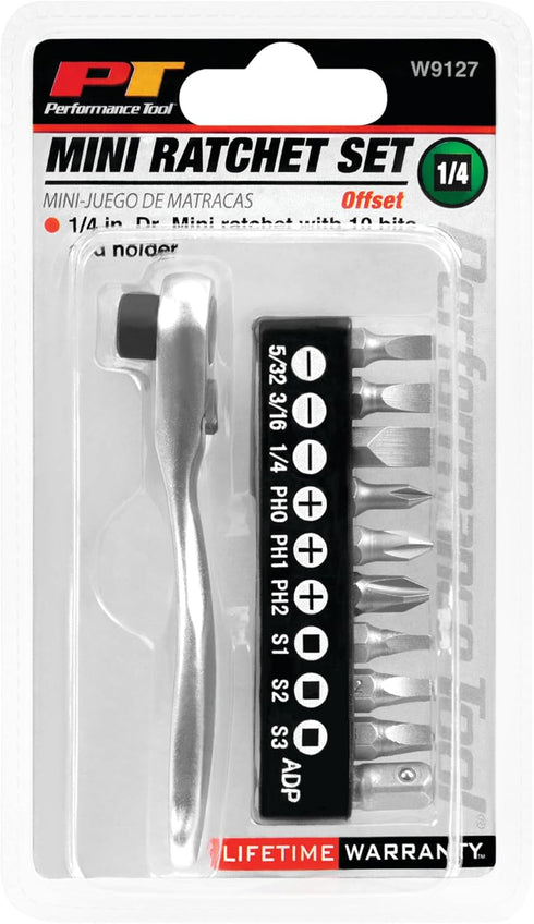 Performance Tool W9127 72-Tooth Mini Ratchet & Bit Set with Chrome Vanadium Steel Construction and 10pc Bits...