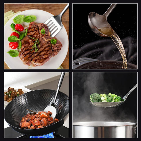 5 PCS Cooking Utensils Set Stainless Steel Kitchen Utensils Gadgets Resistant Cooking Tools Includes Slotted Spoon, Slotted Spatula, Large Spoon, ...