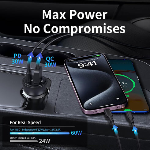 Dual-Port 60W,USB C Car Charger, Fast Charge, Cigarette Lighter USB Charger, Mini Metal Shell?for Apple iPhone 15/14/13 Pro Max Plus, iPad, Samsun...
