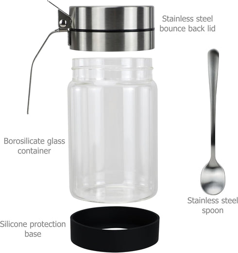 Glass Condiment Jars with Stainless Steel Lids and Spoons for Serving & Storing Sugar Spice Salt Seasoning in Home Kitchen Coffee Bar Restaurant, ...