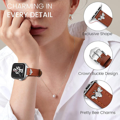 JR.DM Slim Leather-Bands Compatible with Apple Watch Band 38mm 40mm 41mm 42mm 44mm 45mm 49mm, Top Genuine Leather Band with Charms, Feminine Desig...