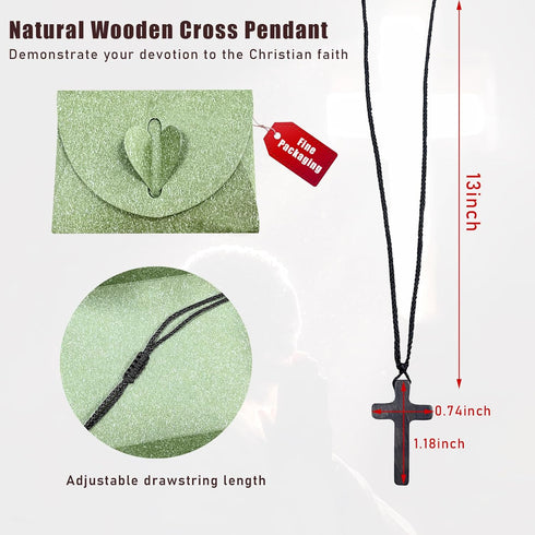 Natural Wooden Cross Pendant Necklaces, Adjustable Handcrafted Wooden Car Rearview Mirror Pendant, Universal Vehicle Rear View Mirror Decoration f...