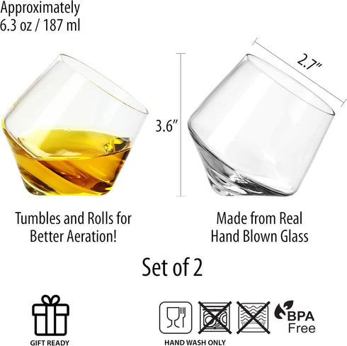 Barbuzzo Rolling Whiskey Glasses (Set of 2) – Hand-Blown Stemless Whiskey Glasses That Roll for Better Aeration – Perfect for a Variety of Spirits...