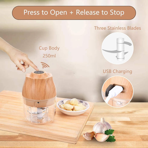 Electric Garlic, Fruit, and Vegetable Mini Food Chopper: Compact Wireless Processor Ideal for Ginger, Chili, Meat, and More, 250ML, Wood...