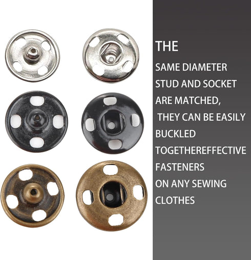 Meikeer 100 Sets Sew on Snaps Sewing Snaps for Fabric Metal Snaps Fasteners Press Studs Buttons for Sewing, Black and Silver(10mm)...