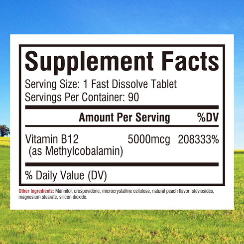 Innate Vitality Vitamin B12 5000mcg, Vegan Methylcobalamin, Fast Dissolve Tablets, Natural Peach Flavor, Supports Energy Production & Healthy Nerv...