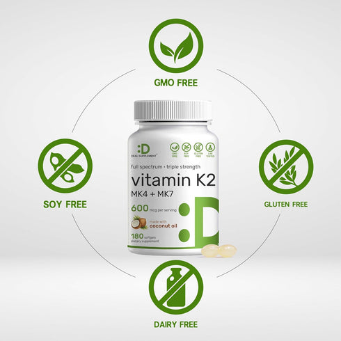 Vitamin K2 Supplement 600mcg, 180 Virgin Coconut Oil Softgels (6 Month Supply) – Full Spectrum MK-7 & MK-4 Forms, High Absorption, Triple Strength...