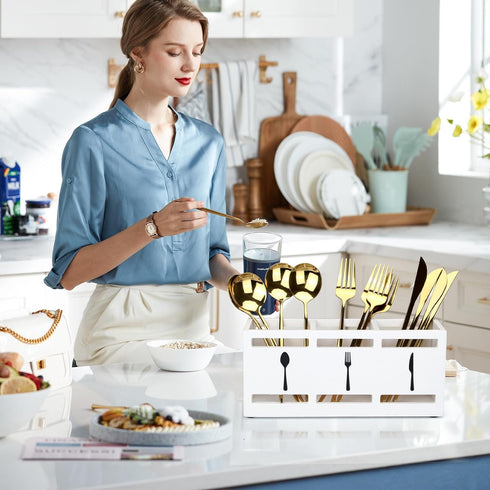 Ayiaren Wooden Silverware Cutlery Holder White Flatware Caddy Kitchen Utensils Holder for Party Wood Silverware Organizer Storage for Table Counte...