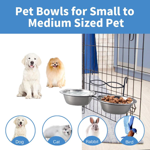 Anti-Slip Dog Bowls, 2 Pack Stainless Steel Dog Bowl Hanging on Cage, Pet Water and Food Bowls for Cats and Dogs, Dry and Wet Foods, with Non-Slip...