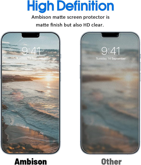 Ambison [2 Pack Matte Glass Screen Protector Designed for iPhone 14 2022/iPhone 13/13 Pro, Install Frame/Bubble Free/Anti-Glare&Fingerprint, 9H Te...