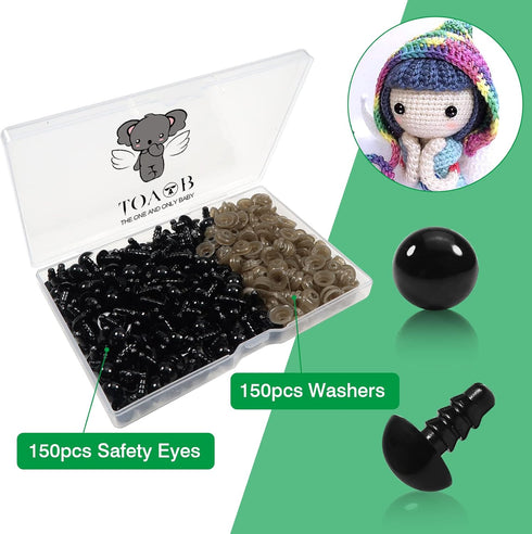 TOAOB 150pcs 9mm Black Plastic Safety Eyes Crafts Safety Eyes with 150pcs Washers for Stuffed Animals Amigurumis Crochet Bears Doll Making...