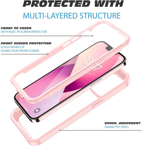 iPhone 13 Full Body Bumper Case, Anti-Scratch Screen Protector, Slim, Shockproof, Dustproof, Lightweight, Pink...