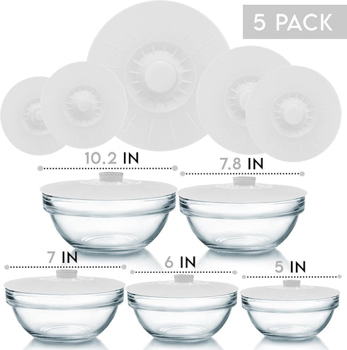 Silicone Bowl Lids White, Set of 5 Reusable Suction Seal Covers for Bowls, Pots, Cups. Food Safe. Natural grip, interlocking handles for easy use ...